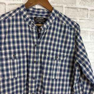 CC Filson Cobalt Blue Plaid Double Pocket Band Collar Button Up Shirt Womens XL